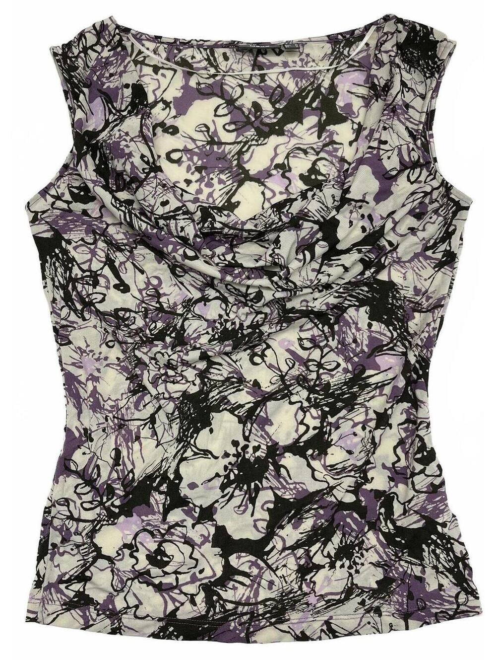 Y2K Mexx Beige Purple Mesh Floral Print Cowl Neck Sleeveless Top Sz M Going Out